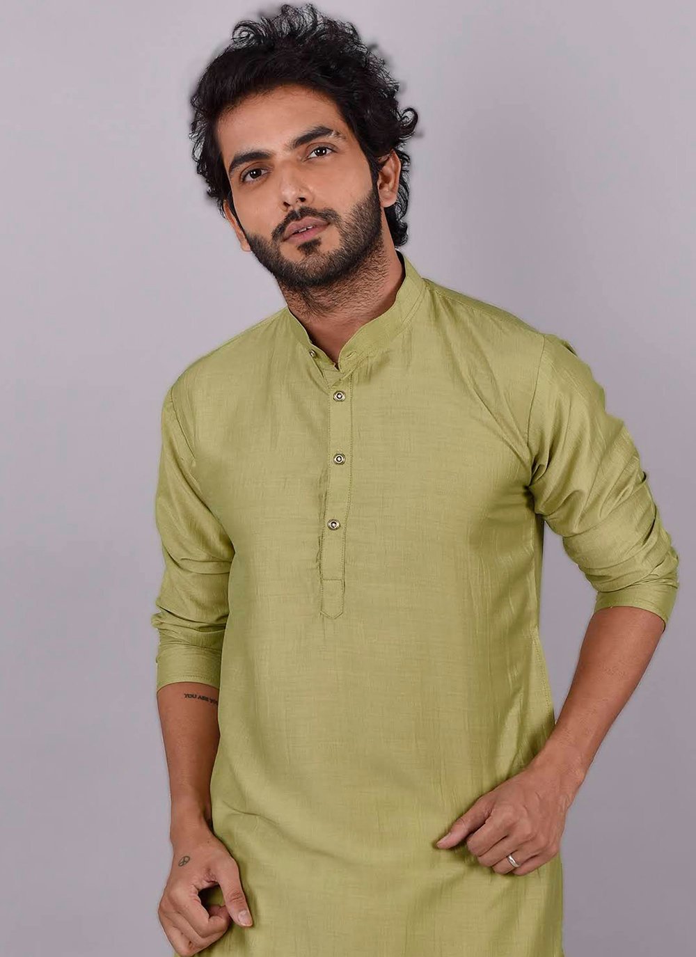 Kurta Pyjama Chinon Silk Green Plain Mens