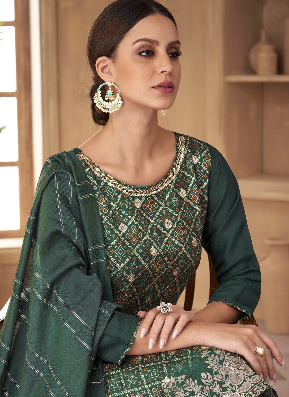 Pant Style Suit Jacquard Silk Green Print Salwar Kameez
