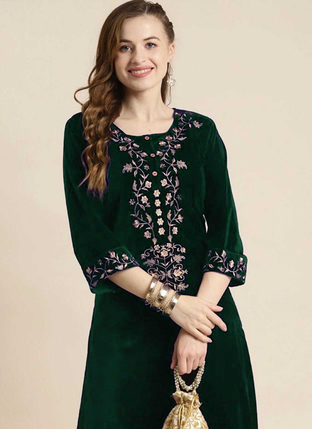 Party Wear Kurti Velvet Green Embroidered Kurtis
