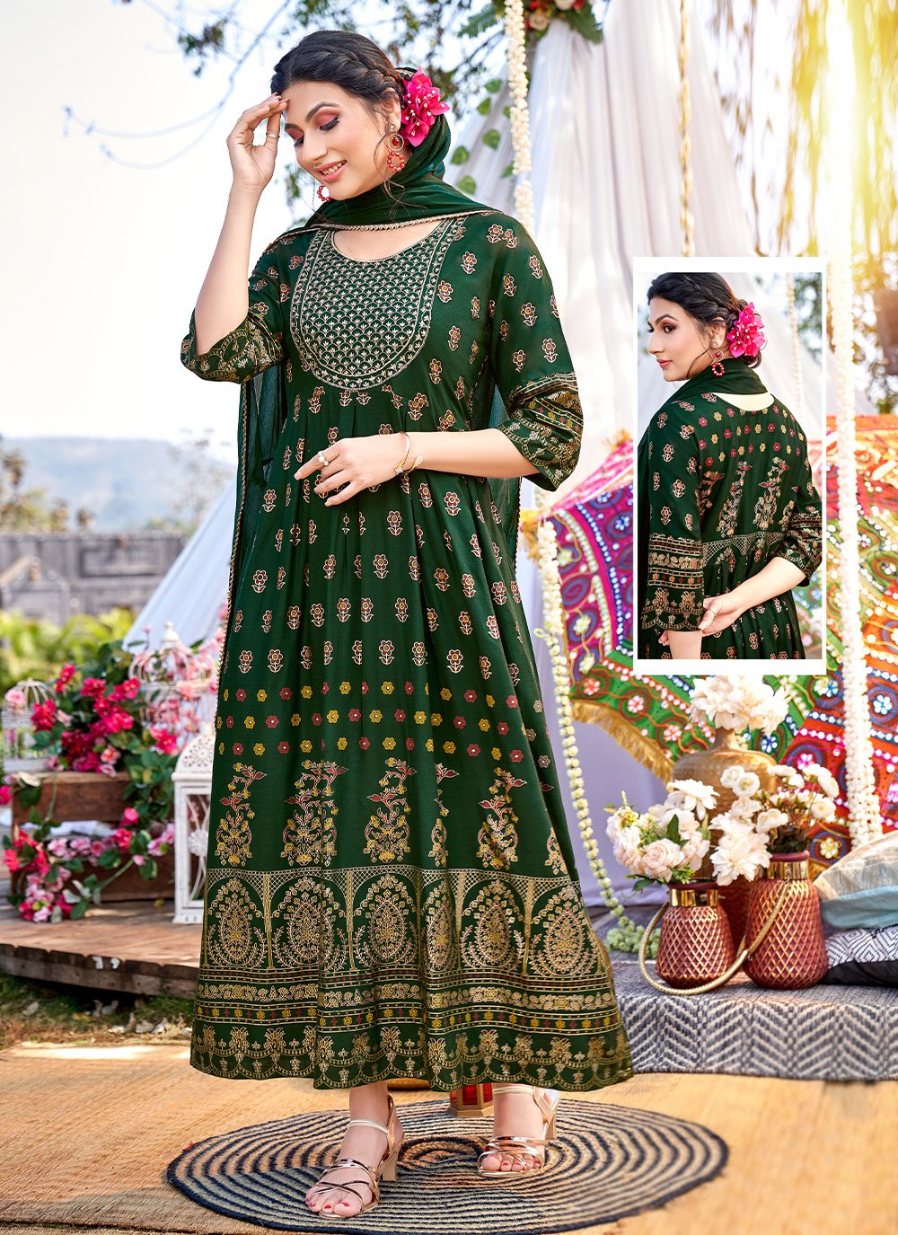 Gown Rayon Green Print Gown