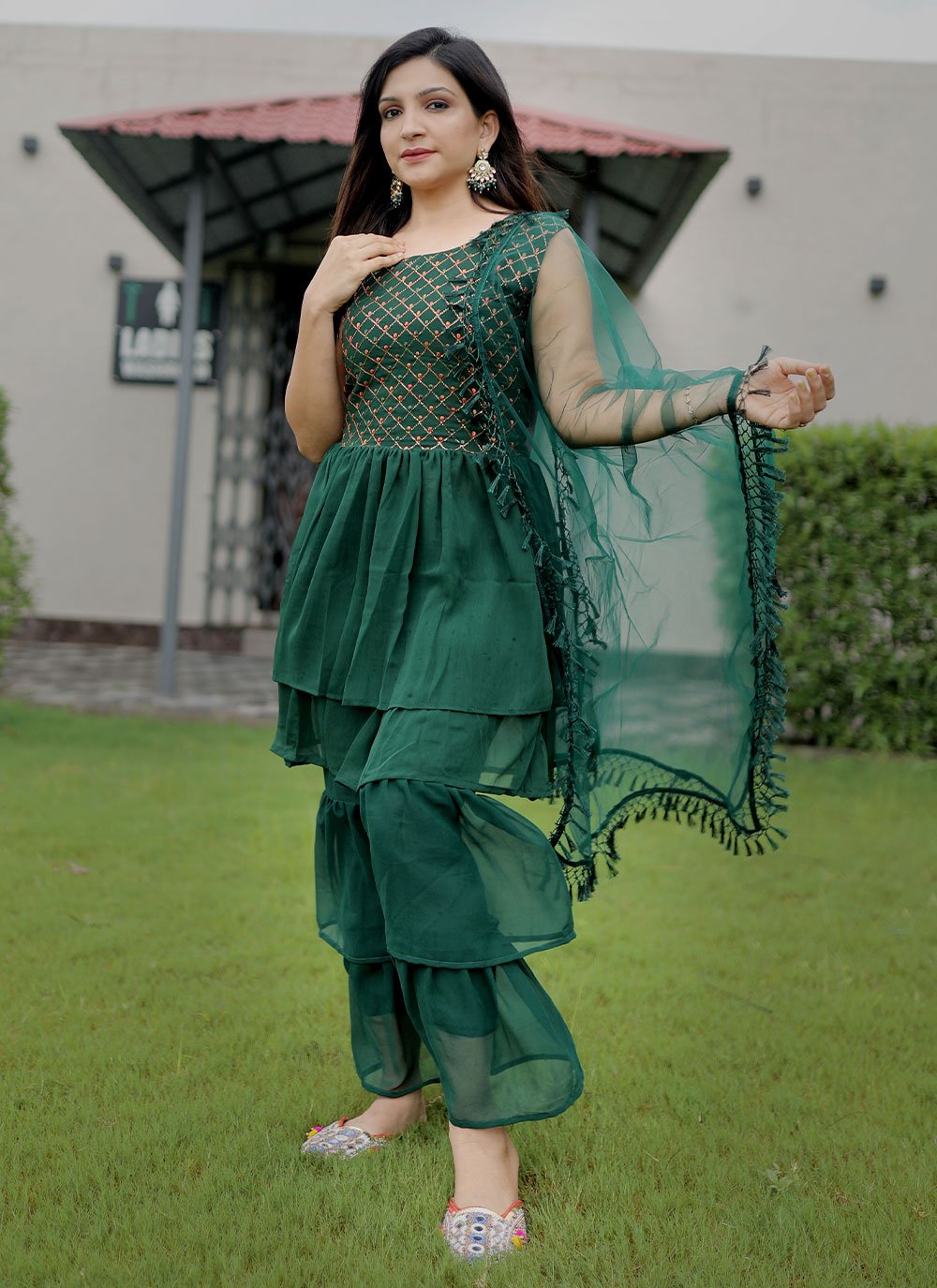 Salwar Suit Faux Georgette Green Embroidered Salwar Kameez