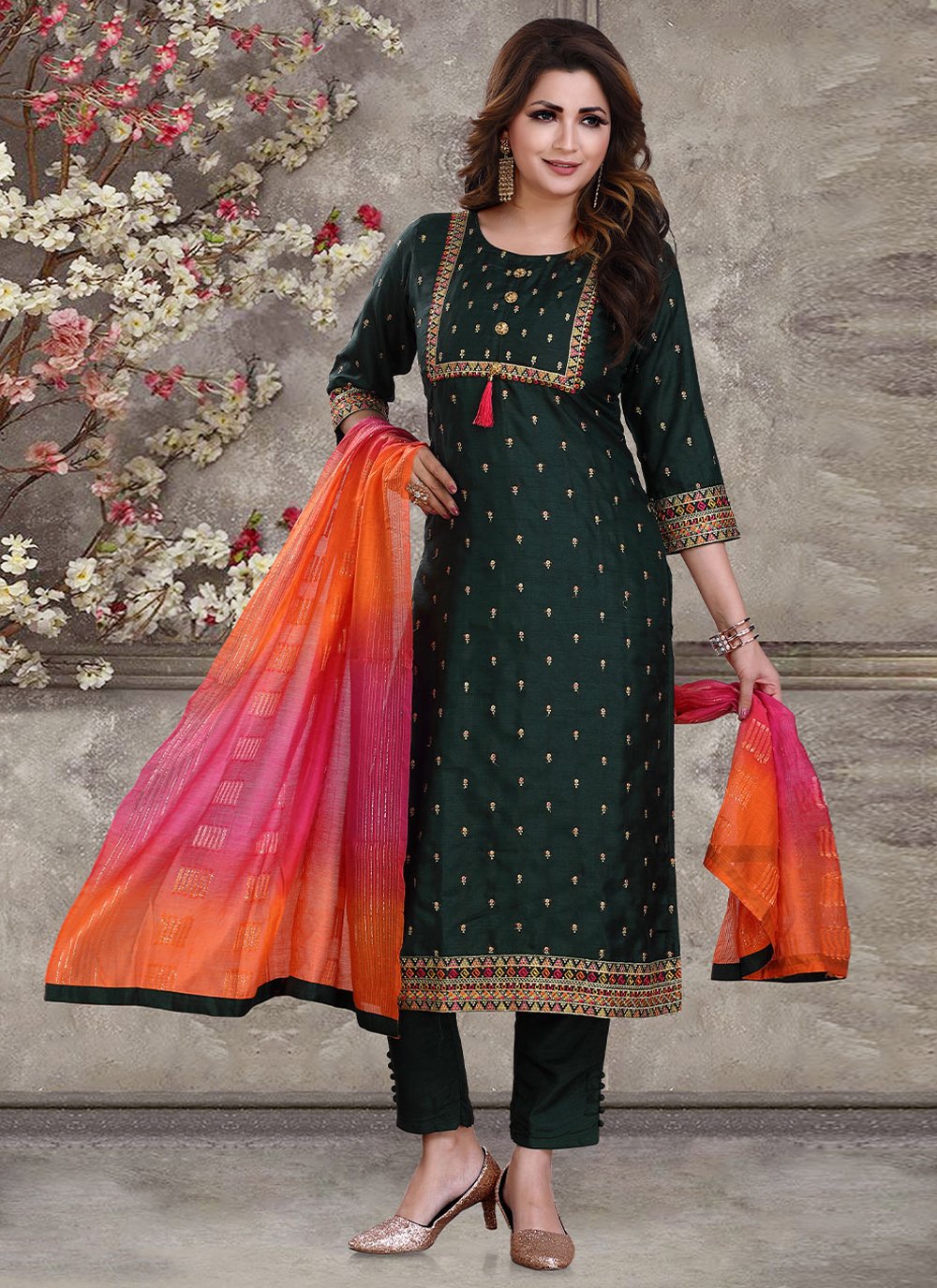 Straight Salwar Suit Silk Green Embroidered Salwar Kameez