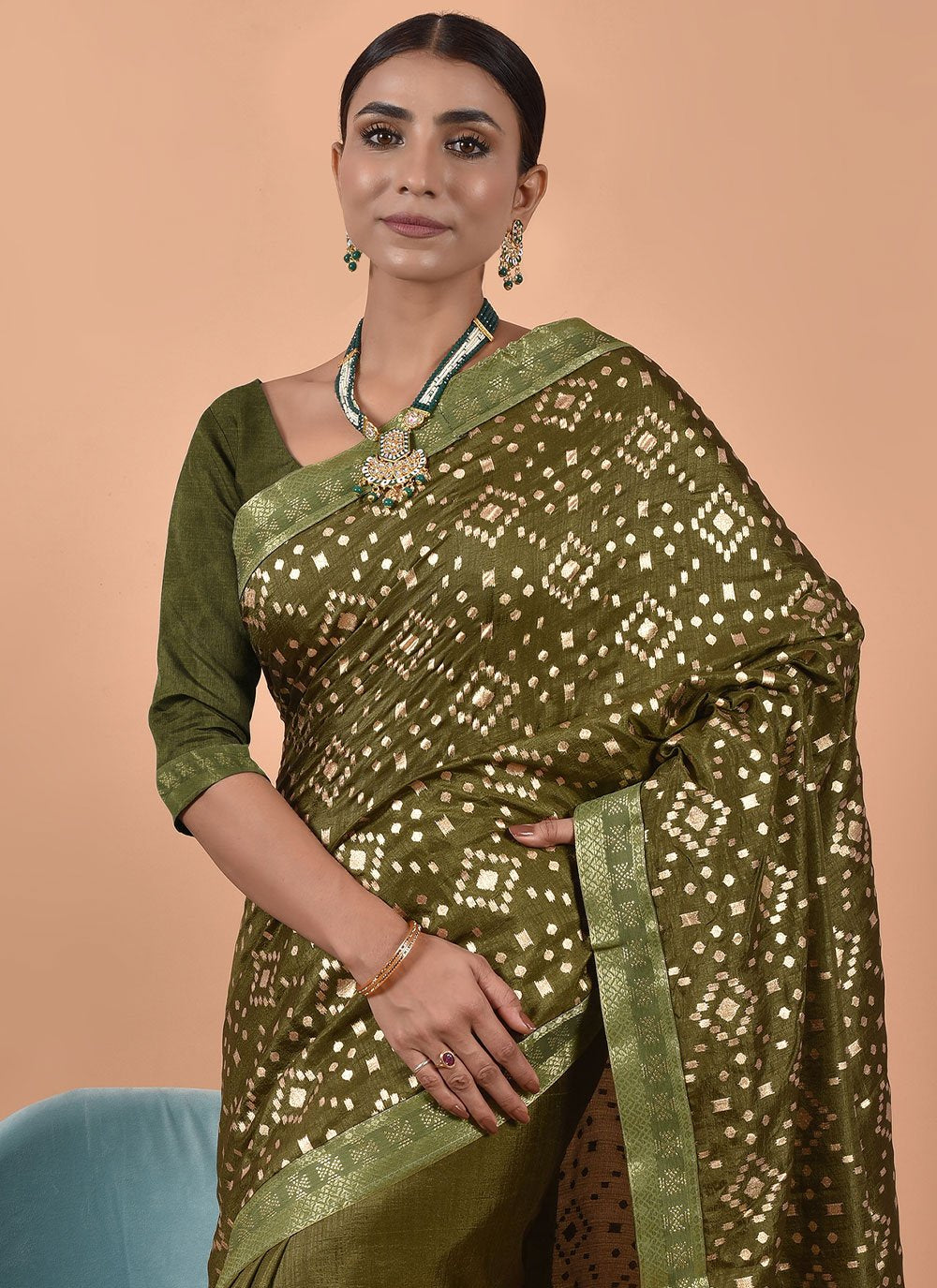 Casual Poly Silk Green Foil Print Saree