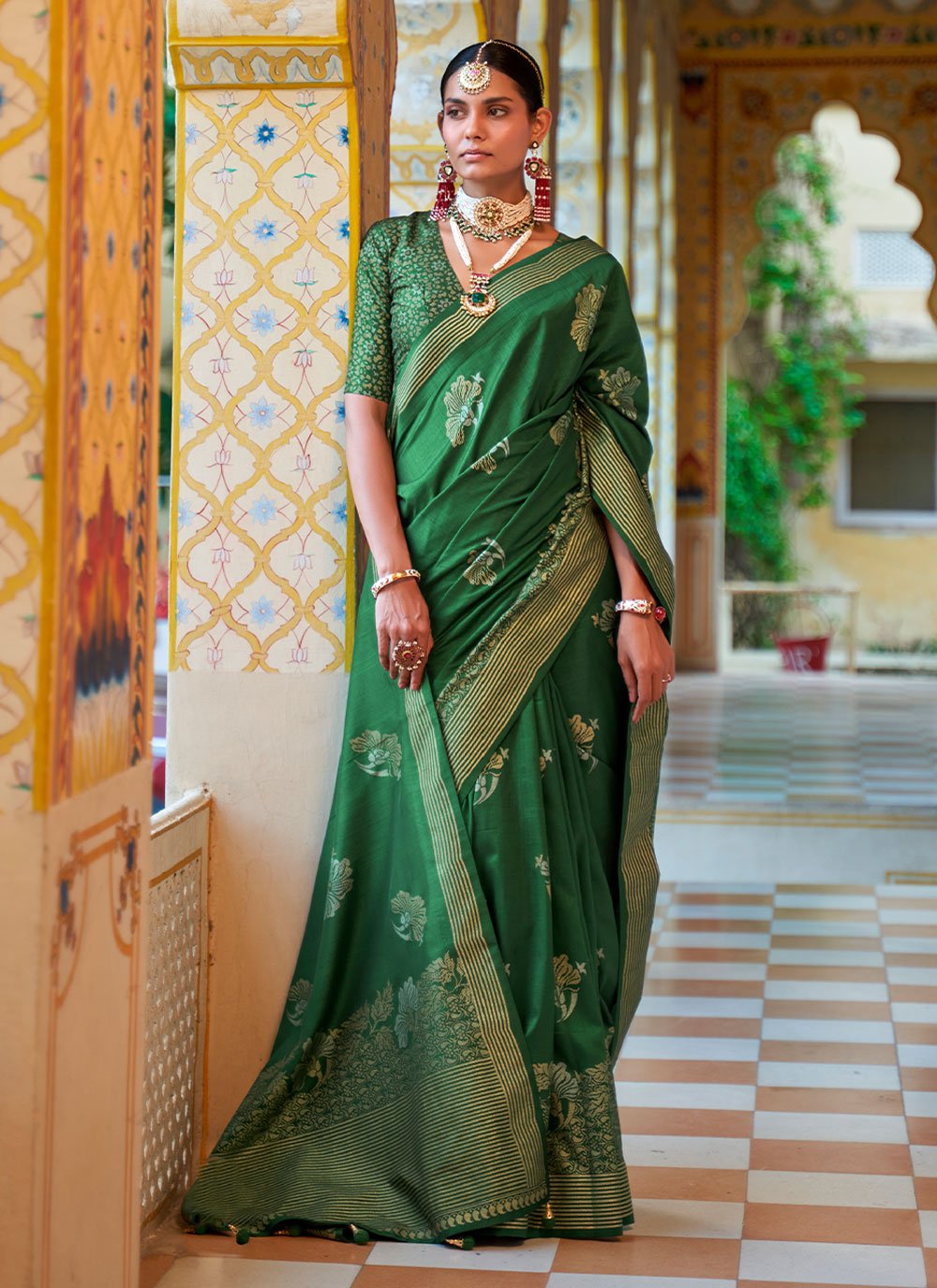 Classic Silk Green Foil Print Saree