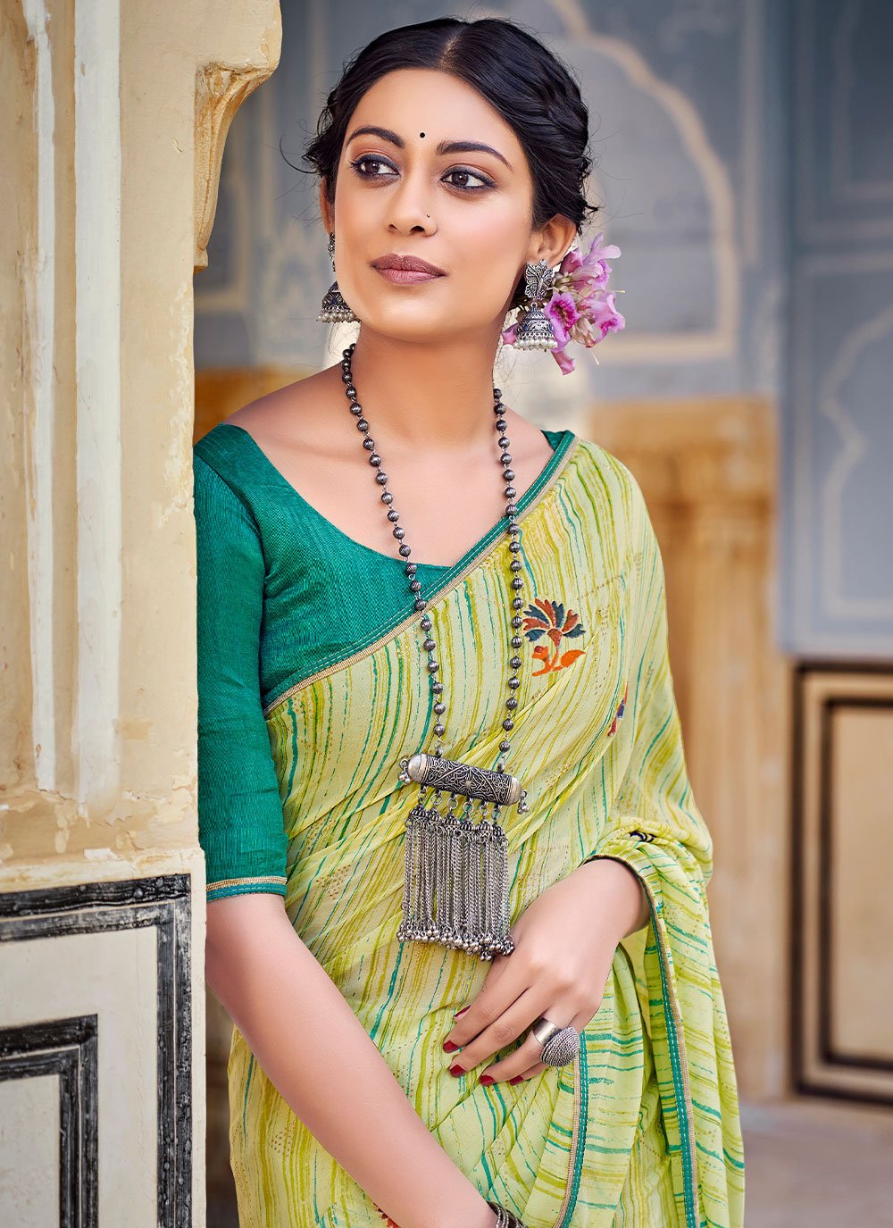 Classic Georgette Green Print Saree