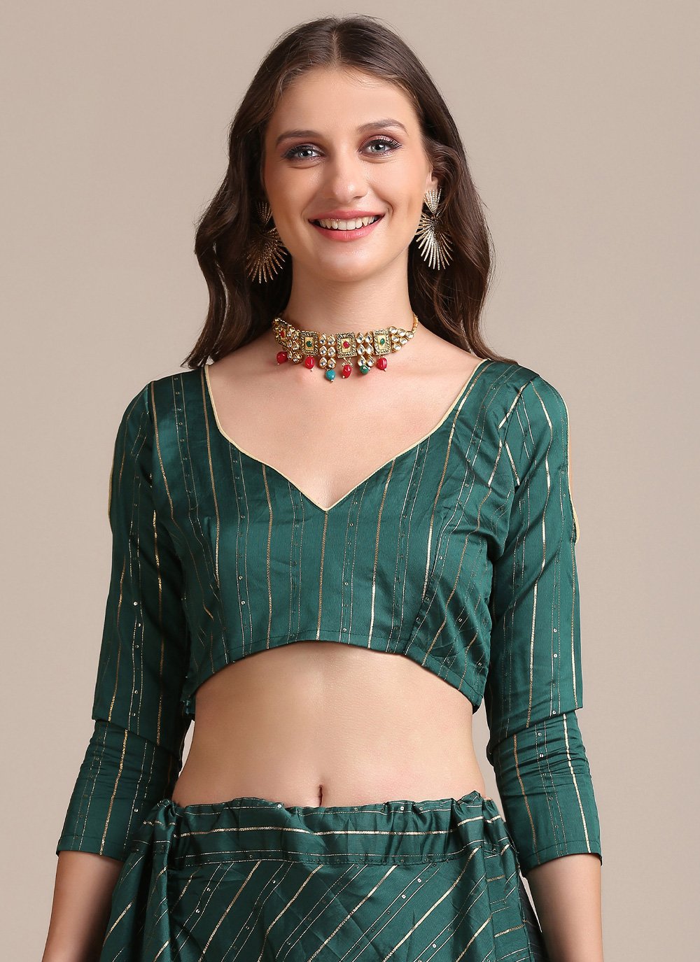 Lehenga Choli Georgette Green Strips Print Lehenga Choli