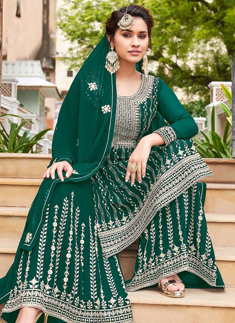 Palazzo Salwar Suit Georgette Green Embroidered Salwar Kameez