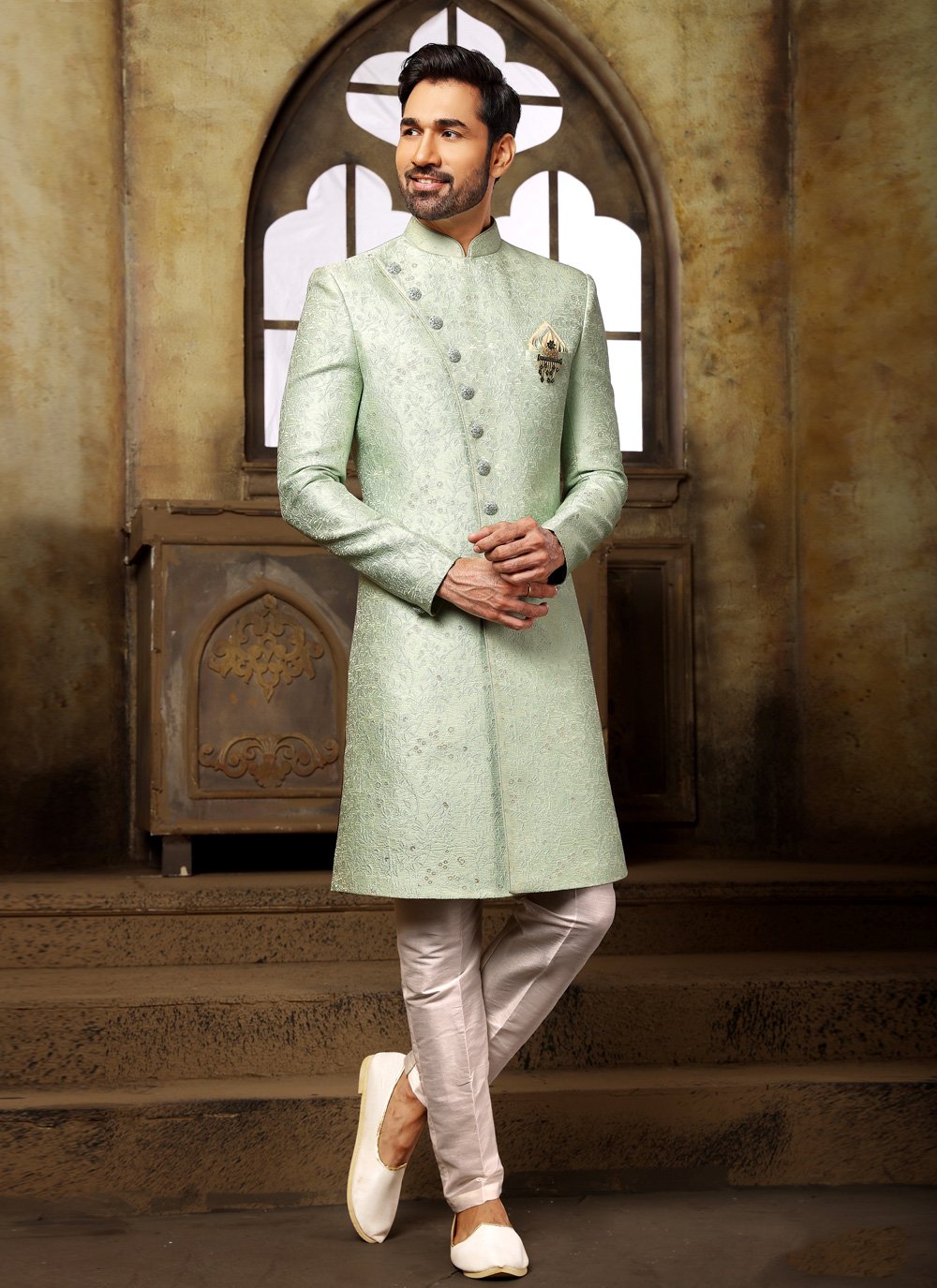 Green indo western sherwani hotsell