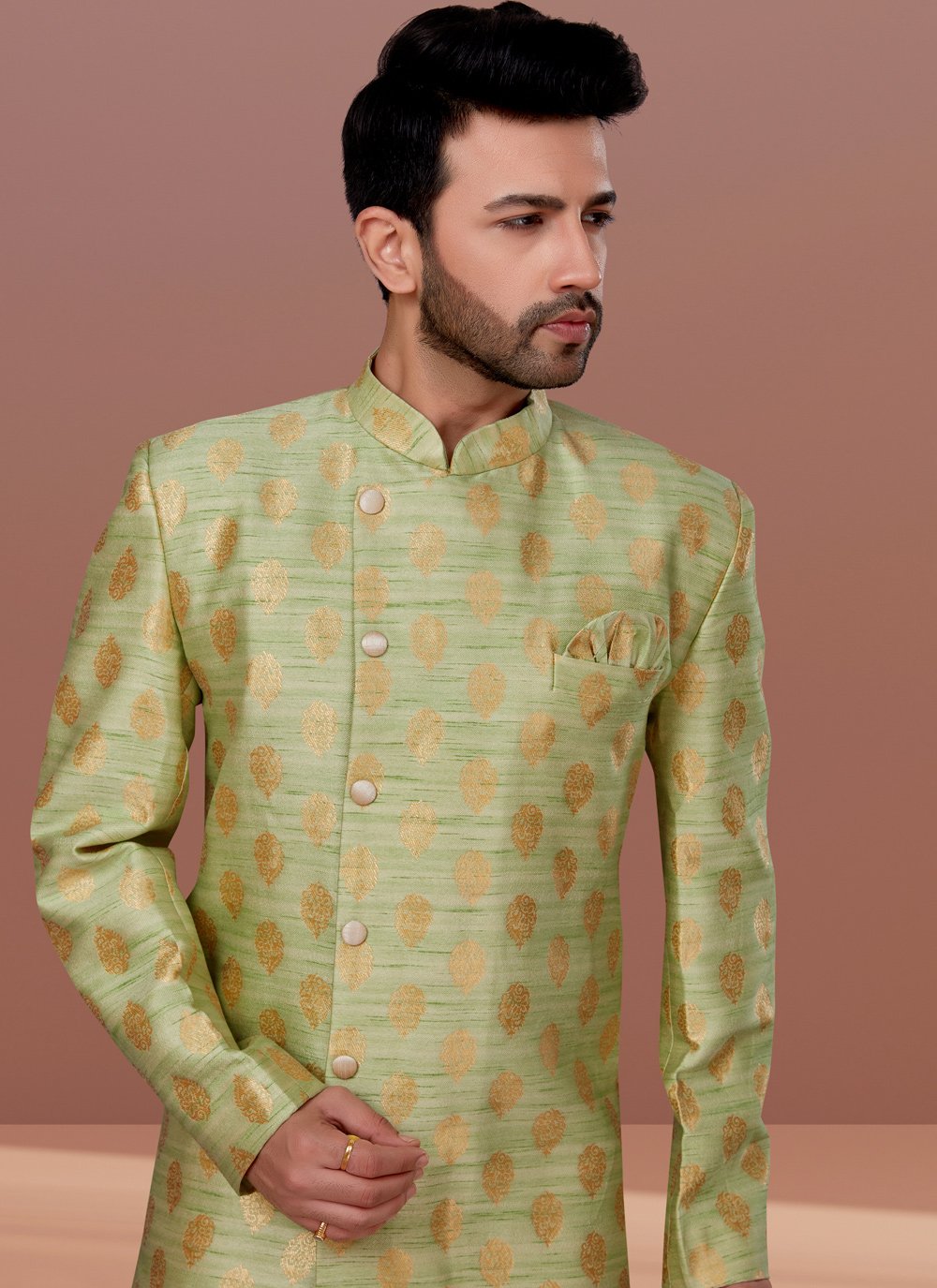 Indo Western Jacquard Green Fancy Work Mens