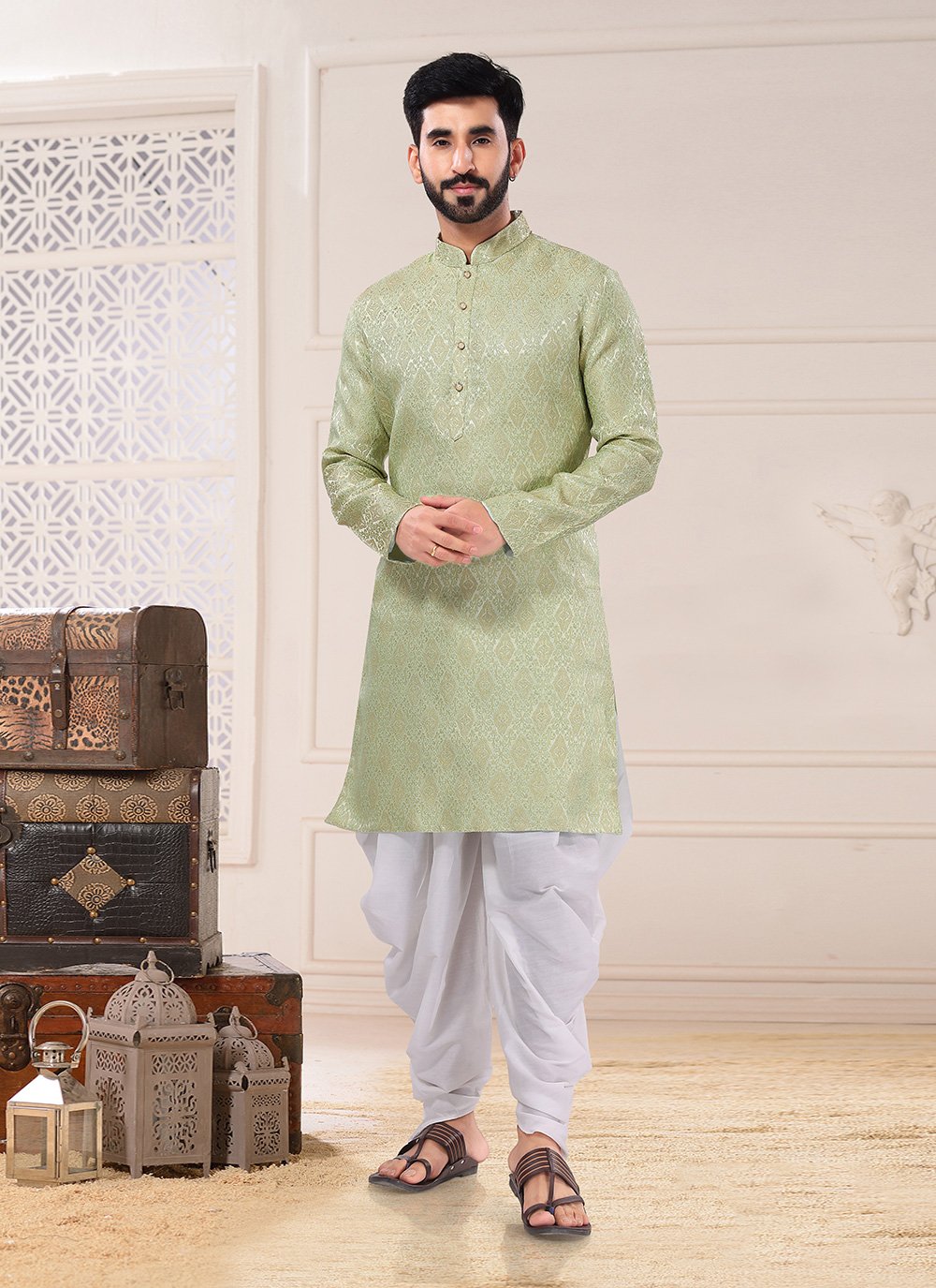 Dhoti Kurta Jacquard Green Embroidered Mens