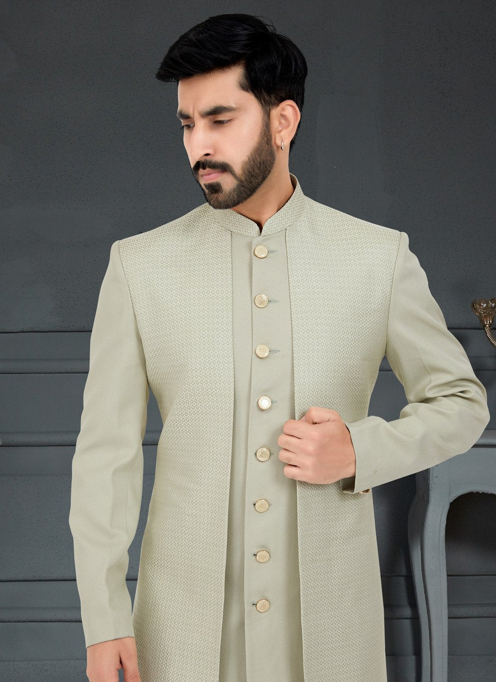 Indo Western Jacquard Green Weaving Mens