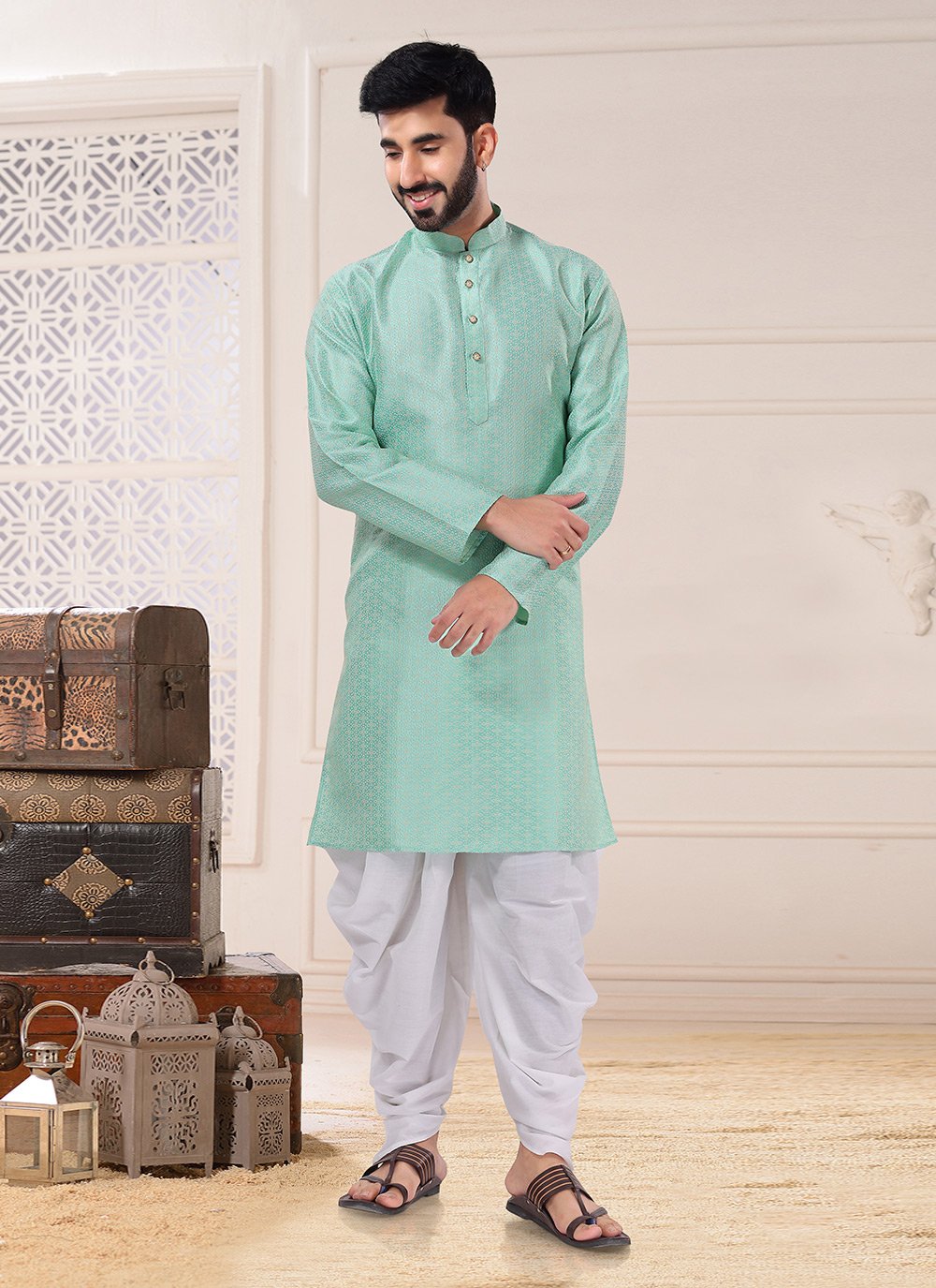 Dhoti Kurta Jacquard Green Thread Mens Kajols Indian Pakistani Fashion Tailoring