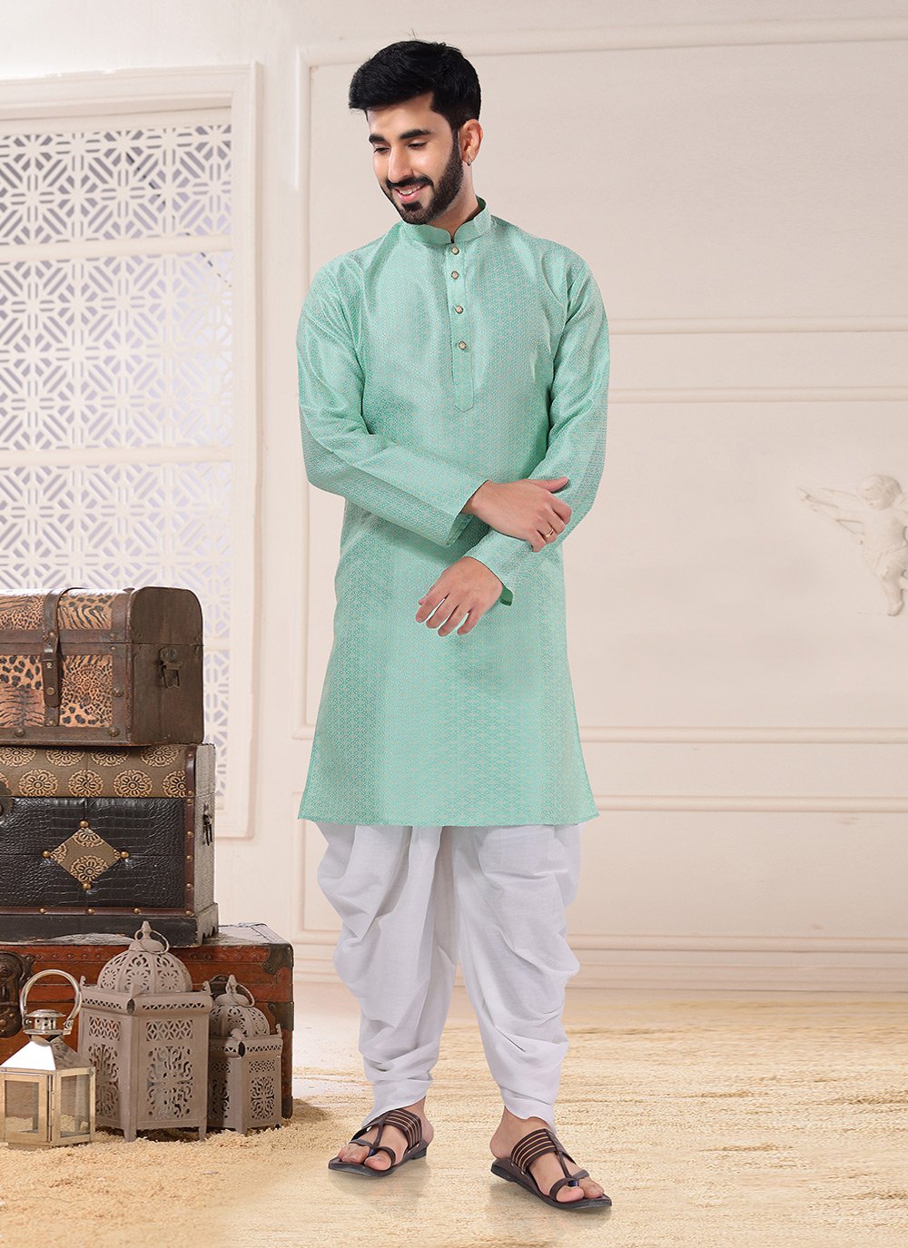 Dhoti Kurta Jacquard Green Thread Mens