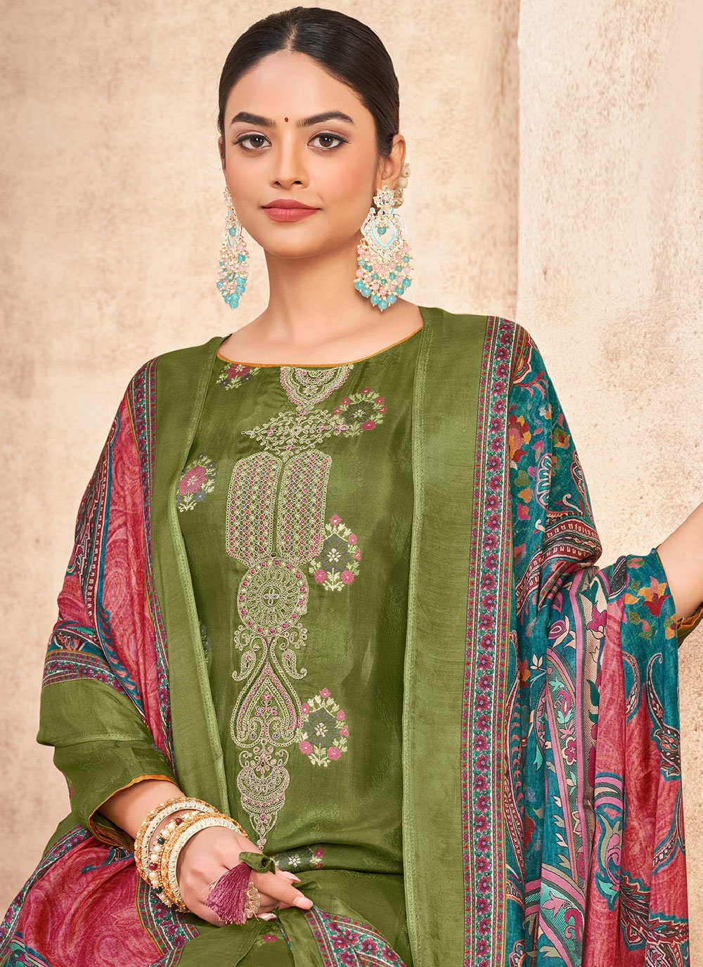 Salwar Suit Jacquard Muslin Green Embroidered Salwar Kameez