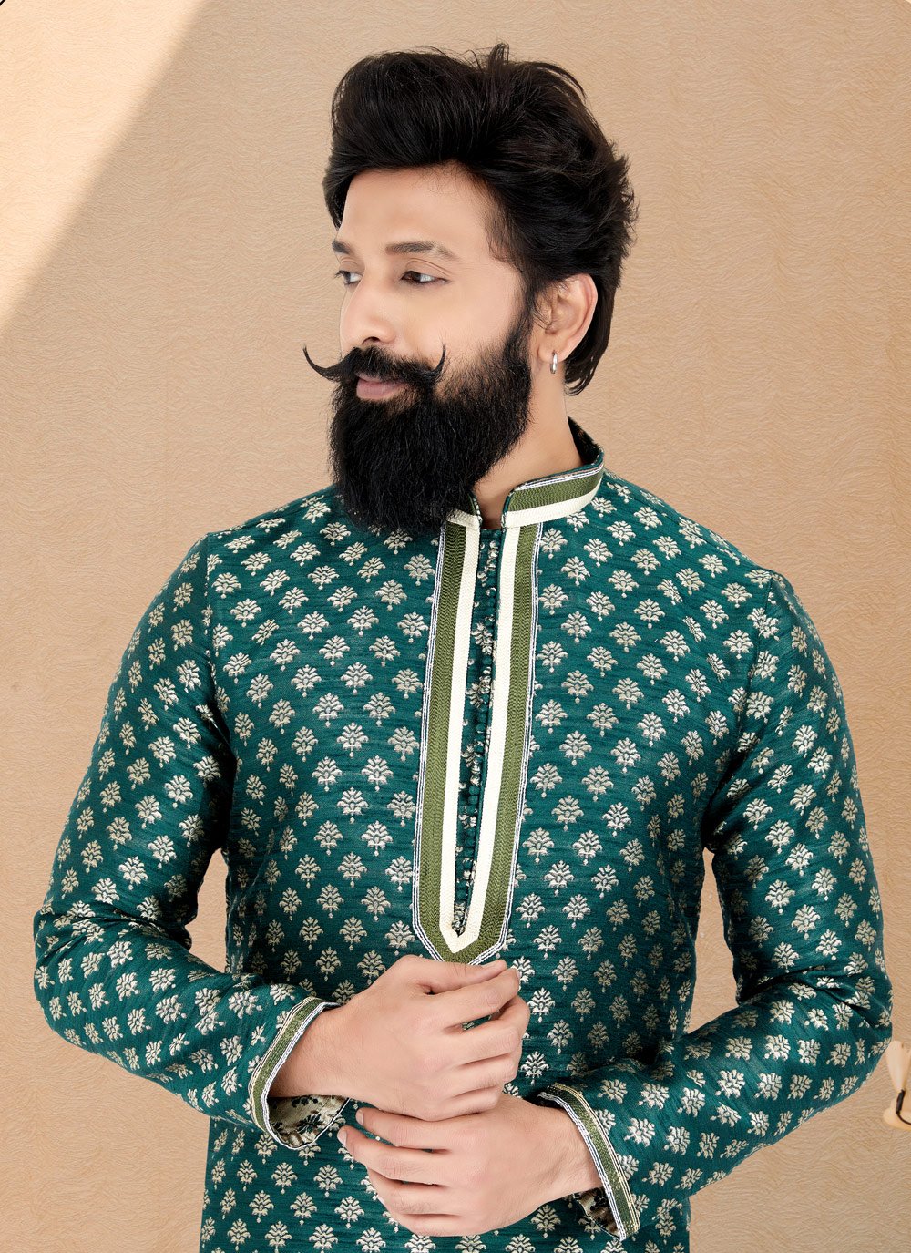 Kurta Pyjama Jacquard Silk Green Jacquard Work Mens