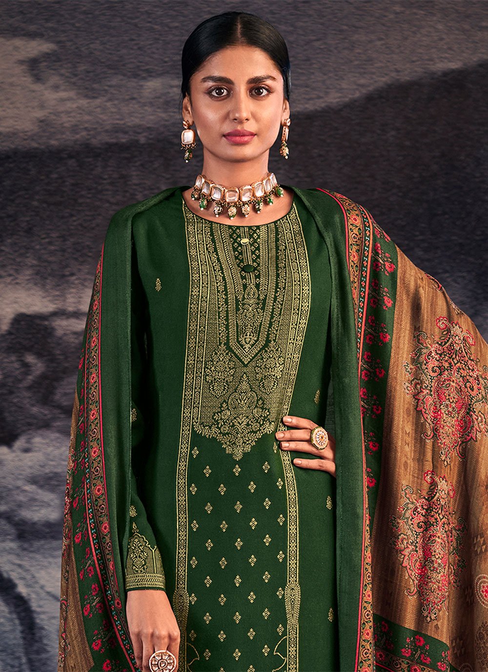 Salwar Suit Pashmina Green Jacquard Work Salwar Kameez