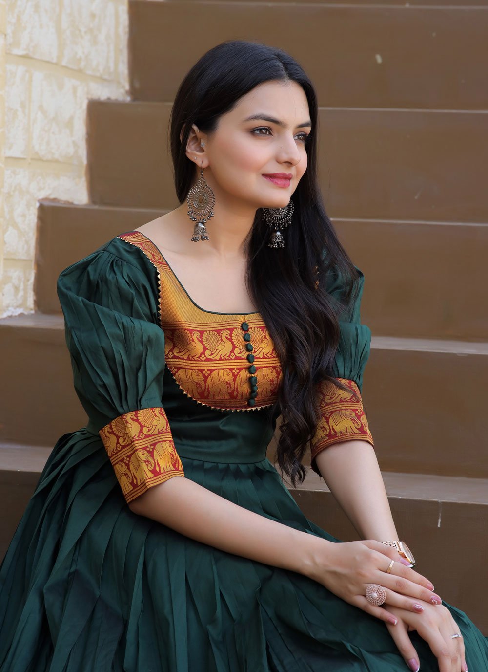 Designer Gown Silk Green Jacquard Work Gown