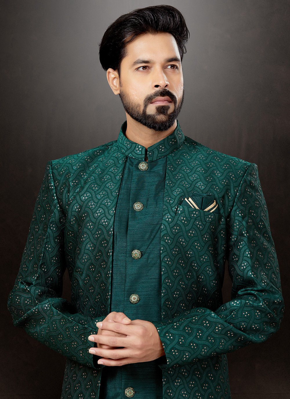 Indo Western Sherwani Dupion Silk Jacquard Green Embroidered Mens