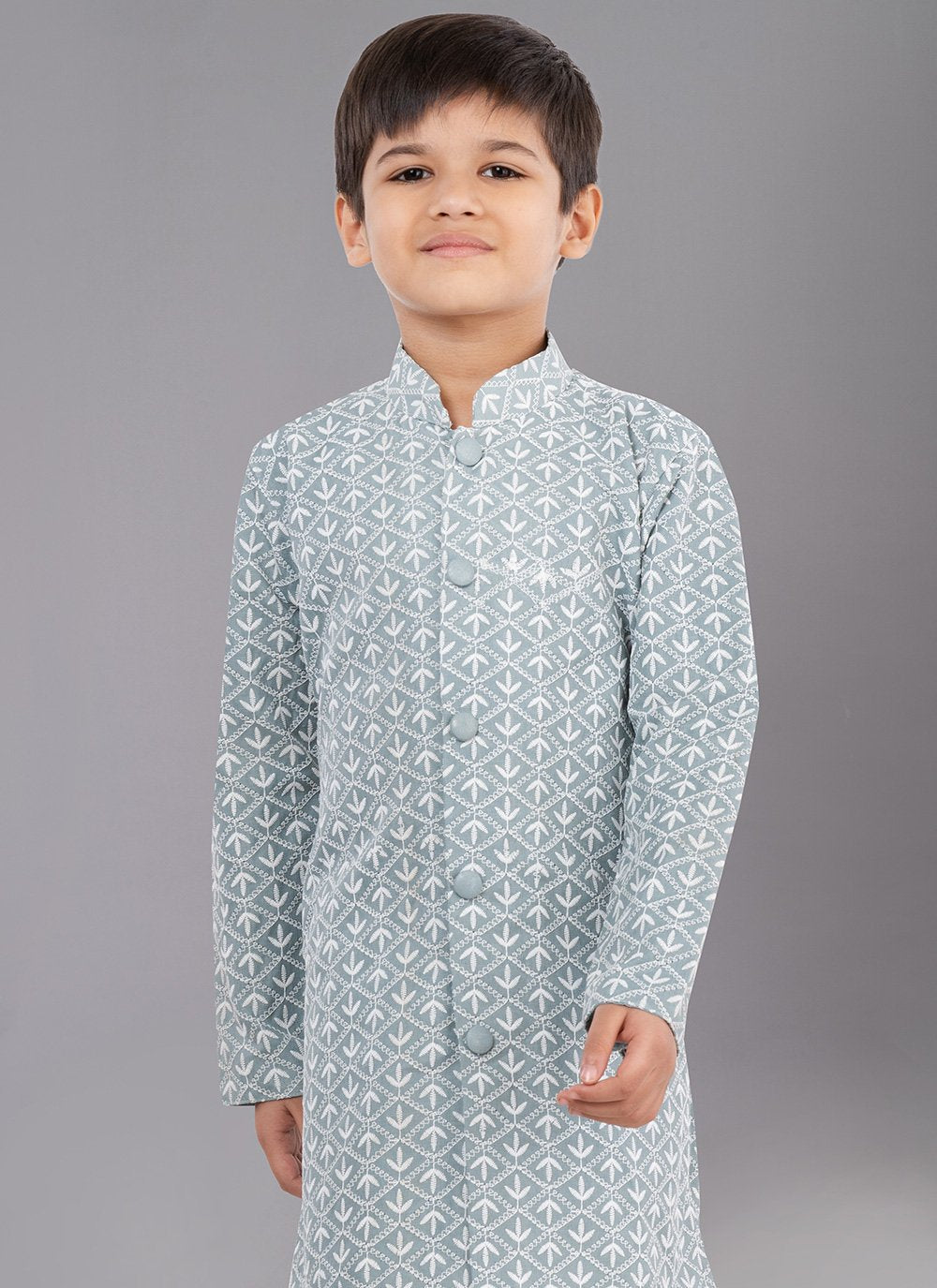 Kurta Pyjama Cotton Silk Green Embroidered Kids
