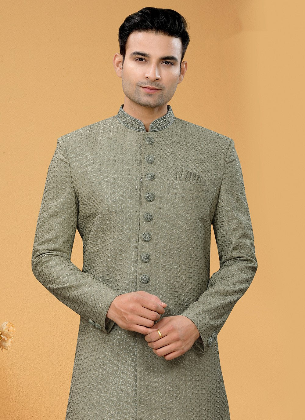 Indo Western Sherwani Fancy Fabric Green Hand Work Mens