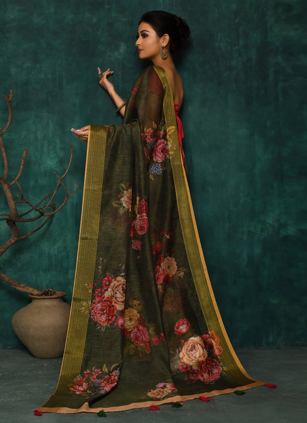 Designer Fancy Fabric Green Digital Print Saree