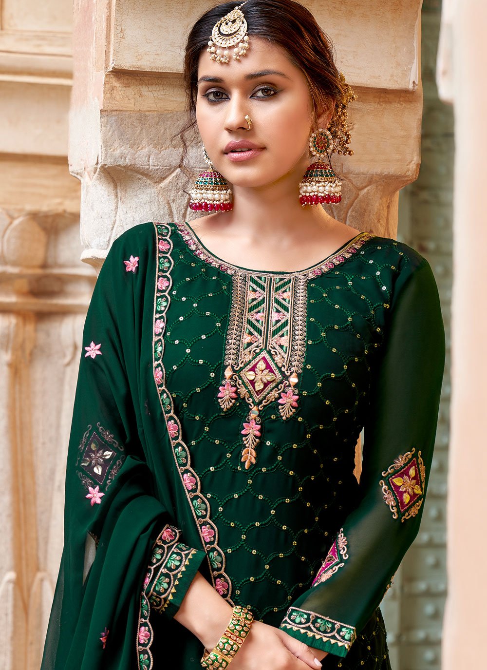 Palazzo Salwar Suit Georgette Green Embroidered Salwar Kameez