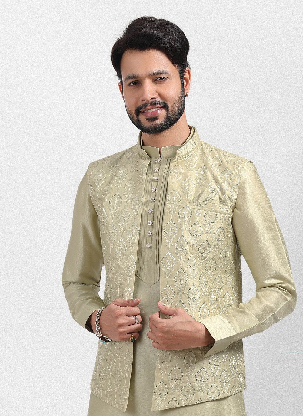 Kurta Payjama With Jacket Art Banarasi Silk Green Embroidered Mens