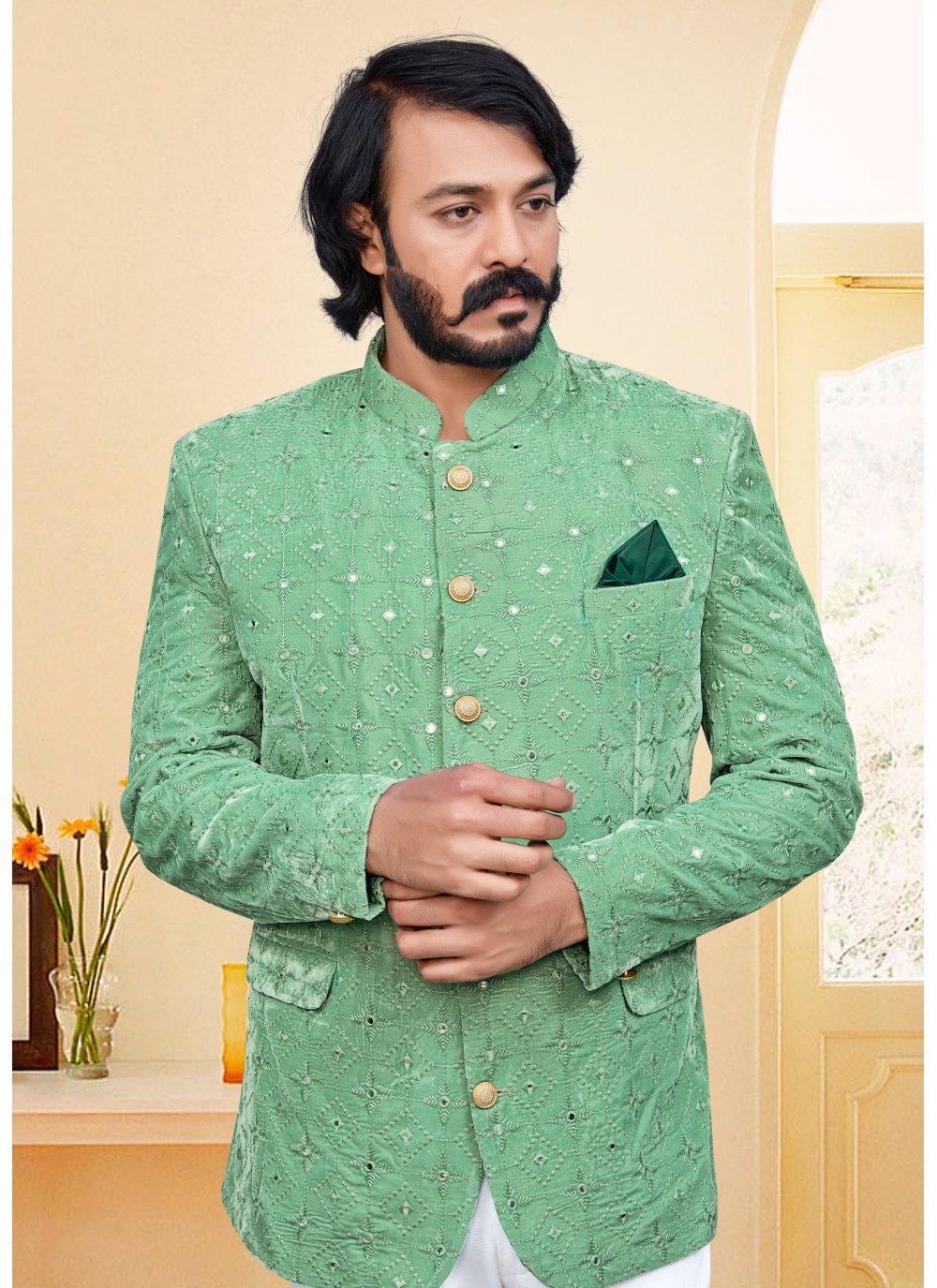 Jodhpuri Suit Velvet Green Embroidered Mens