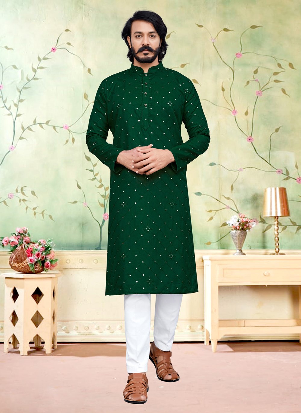 Kurta Pyjama Silk Green Embroidered Mens