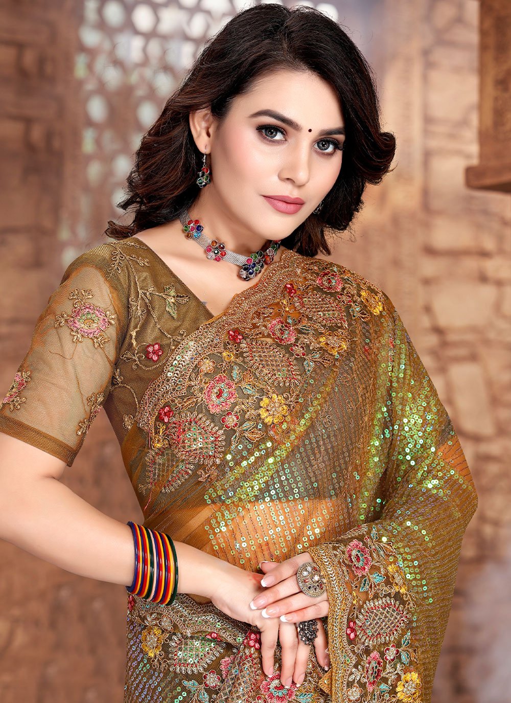 Contemporary Net Green Embroidered Saree