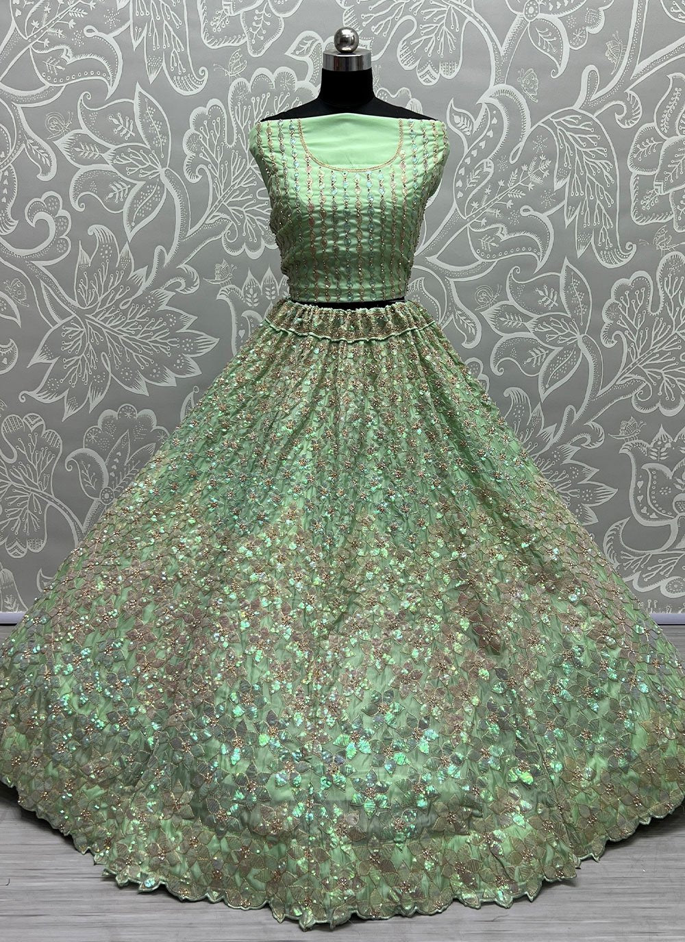 A Line Lehenga Organza Green Embroidered Lehenga Choli