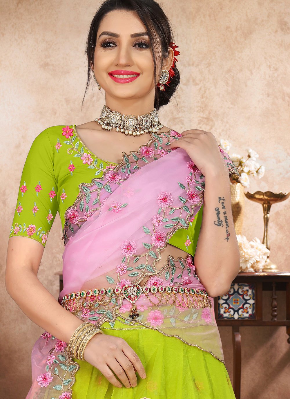 Lehenga Choli Organza Green Embroidered Lehenga Choli