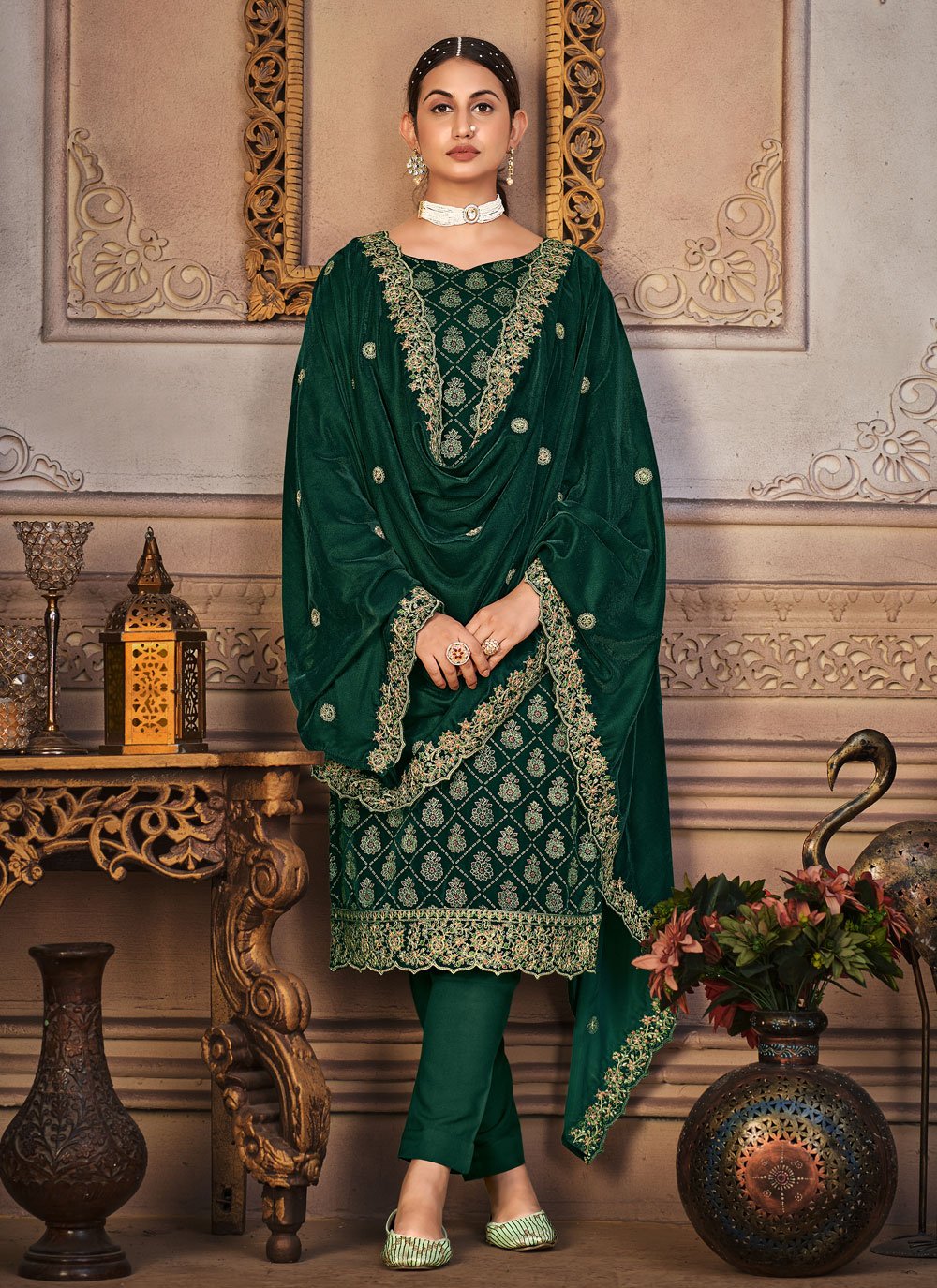 Pant Style Suit Velvet Green Embroidered Salwar Kameez