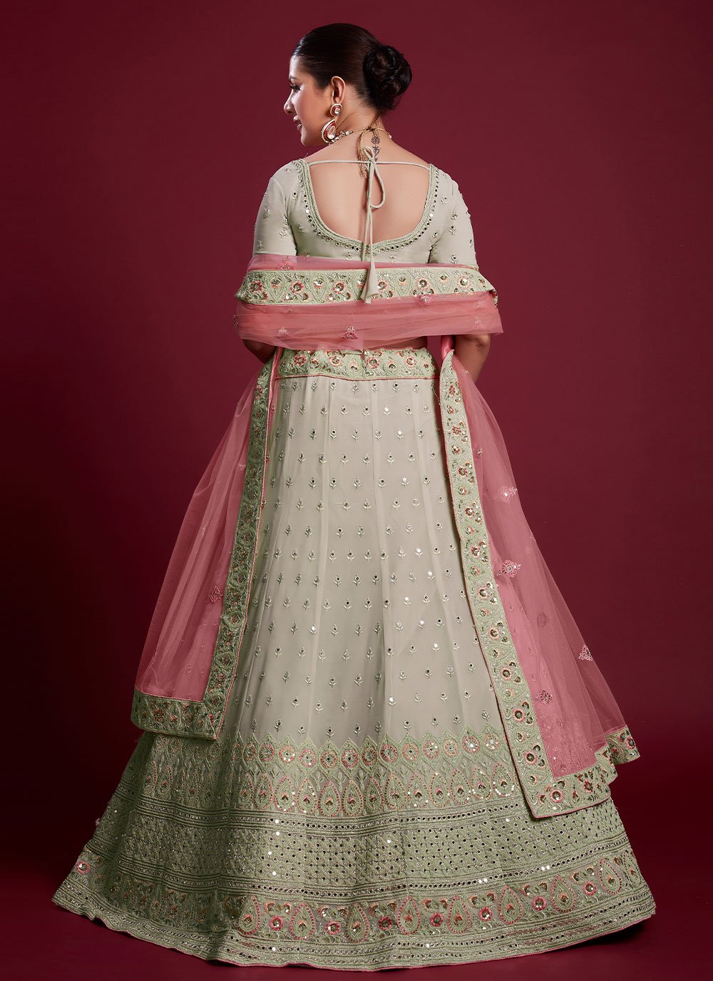 A Line Lehenga Georgette Green Dori Work Lehenga Choli
