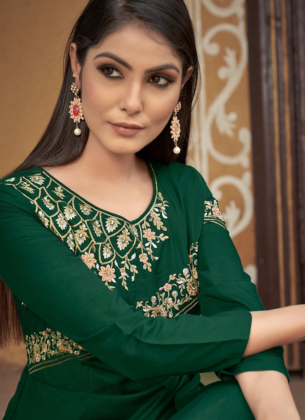 Gown Muslin Green Embroidered Gown