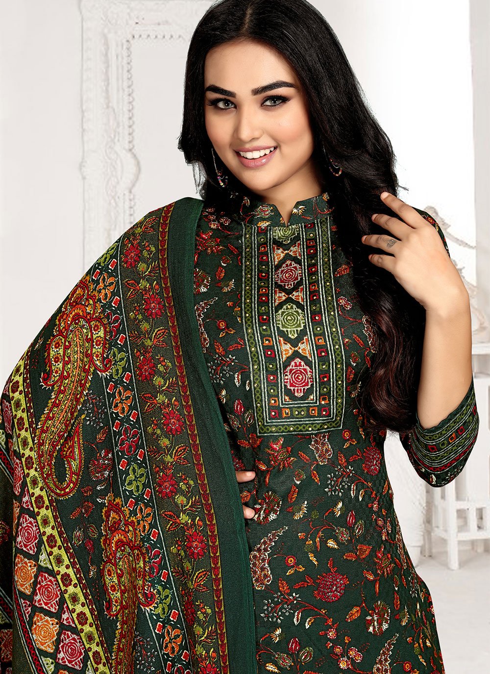 Palazzo Salwar Suit Pashmina Green Print Salwar Kameez