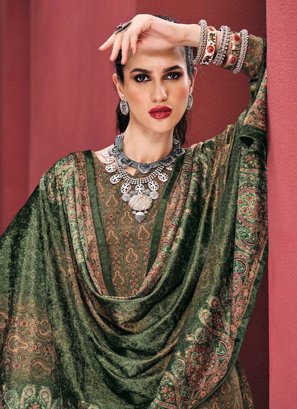 Pant Style Suit Pashmina Green Digital Print Salwar Kameez