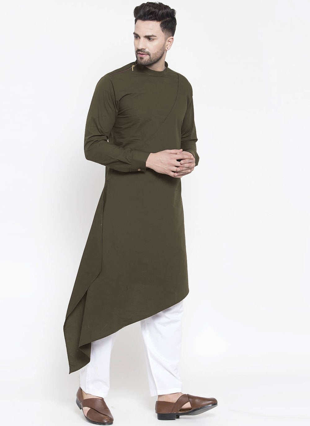 Kurta Blended Cotton Green Plain Mens