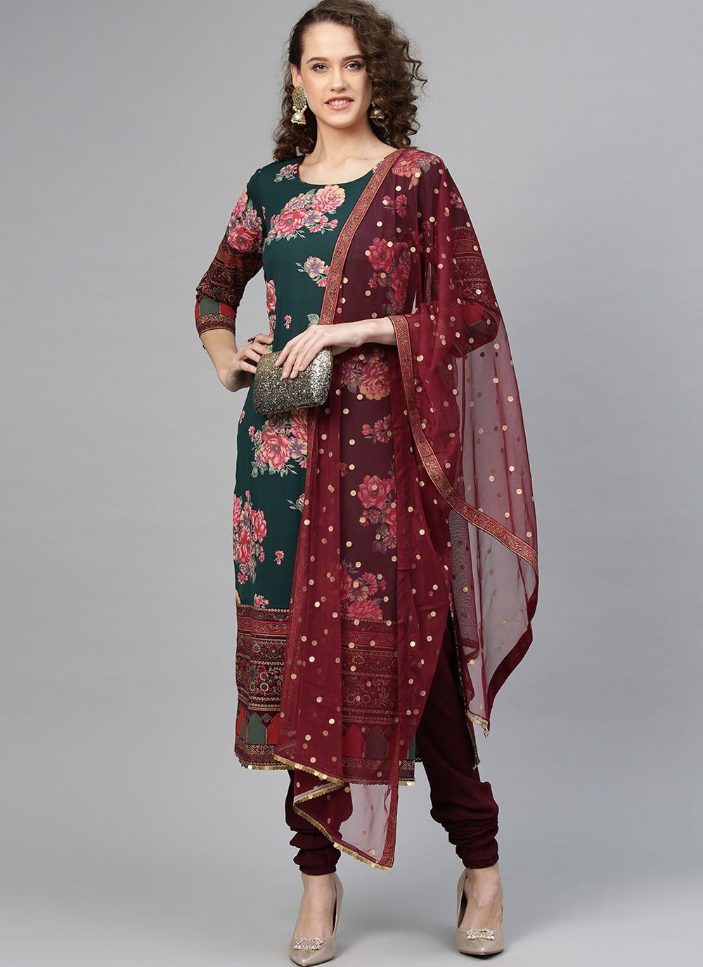 Salwar Suit Polyester Green Print Salwar Kameez