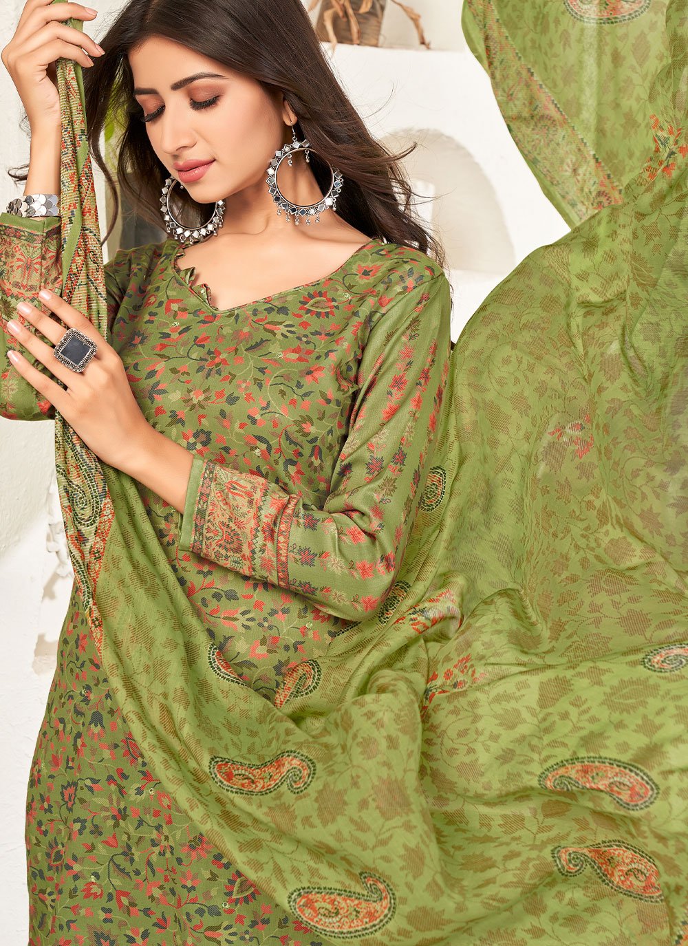 Straight Salwar Suit Cotton Green Mirror Salwar Kameez
