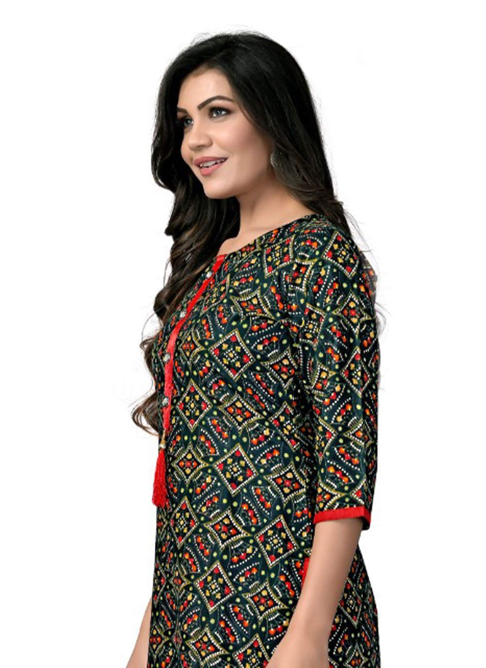 Party Wear Kurti Rayon Green Foil Print Kurtis