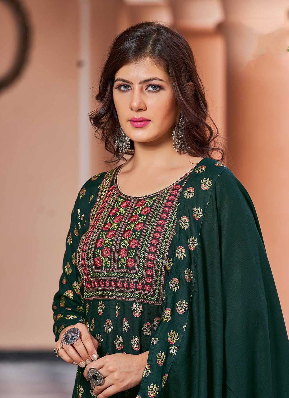Gown Rayon Green Embroidered Gown