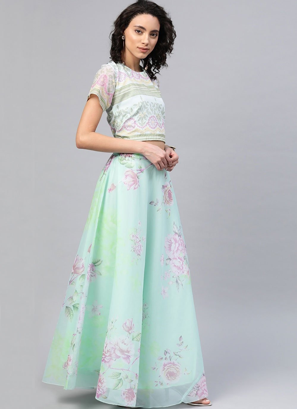 A Line Lehenga Organza Green Digital Print Lehenga Choli