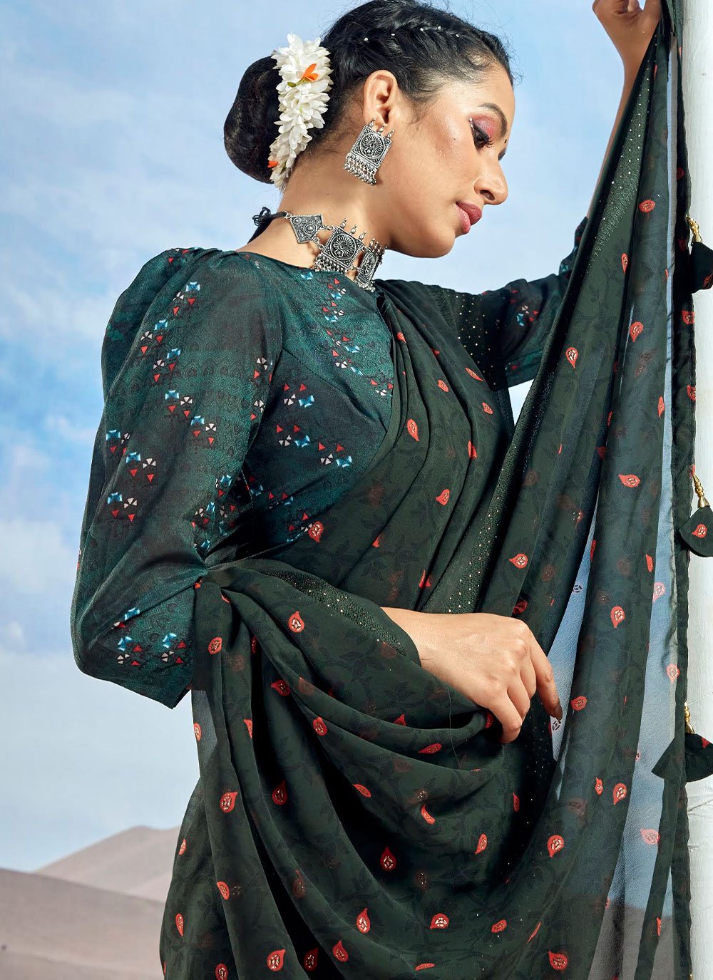 Contemporary Foil Georgette Green Patch Border Saree