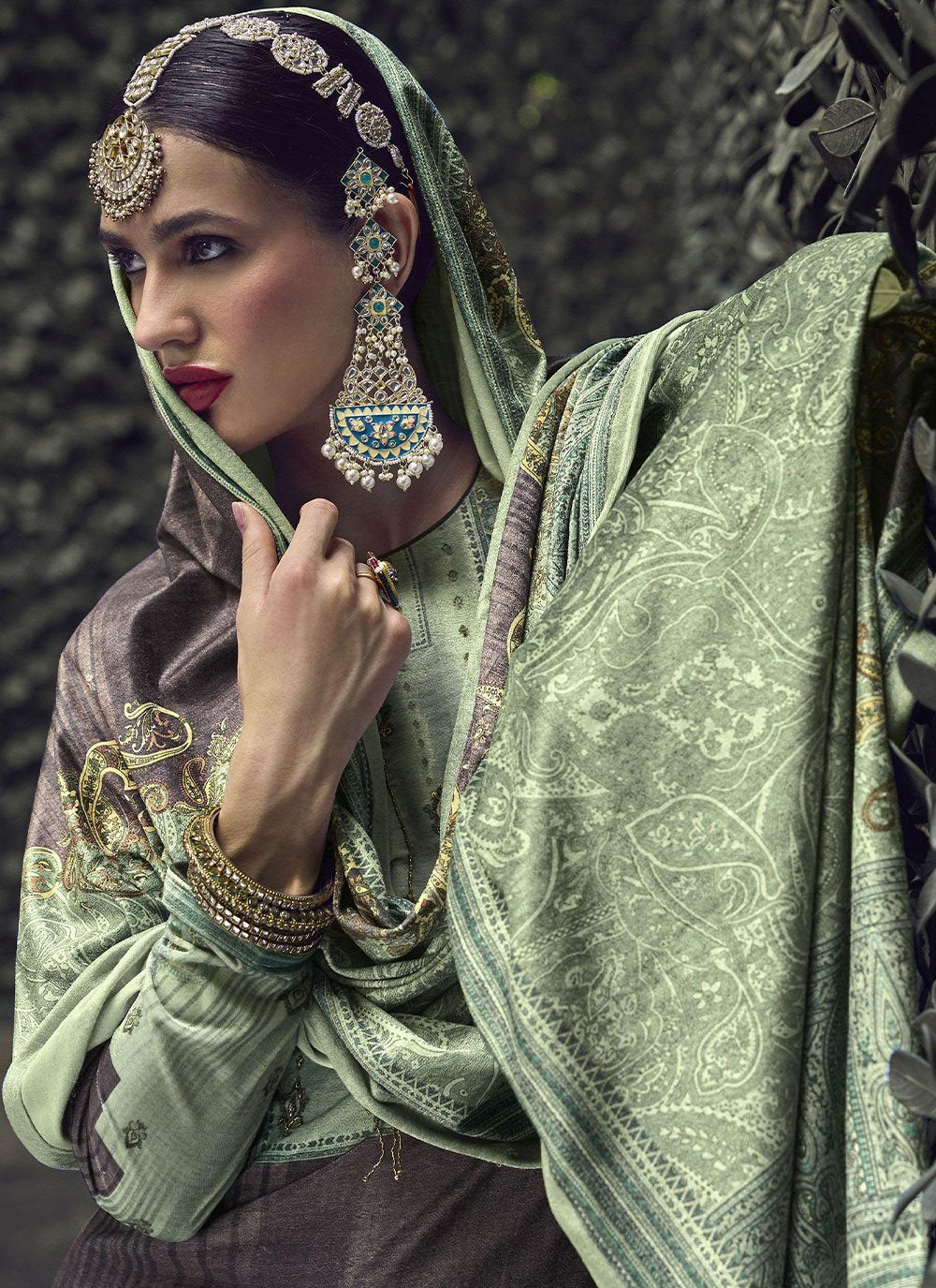 Salwar Suit Velvet Green Digital Print Salwar Kameez