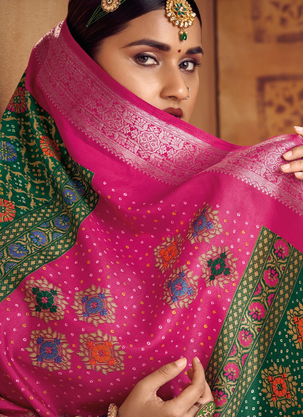 Contemporary Silk Green Foil Print Saree