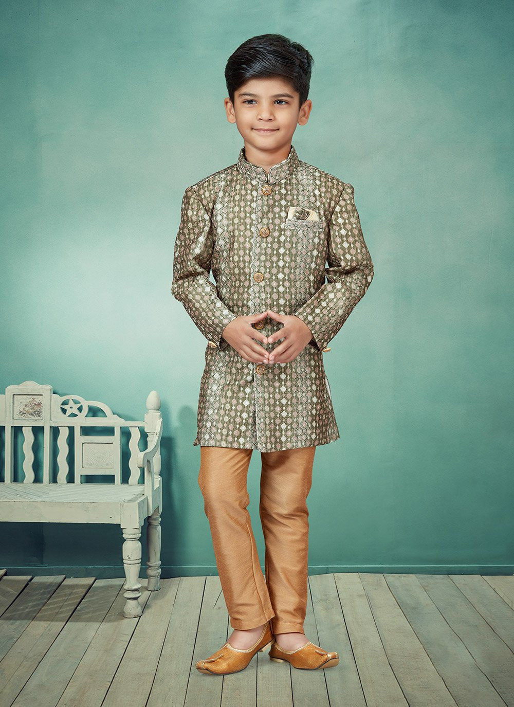 Indo Western Silk Green Digital Print Kids