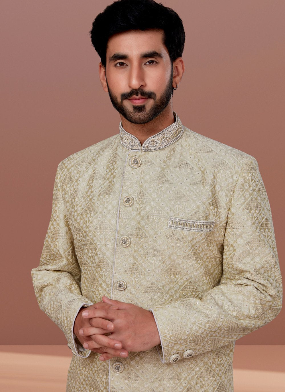 Indo Western Silk Green Embroidered Mens