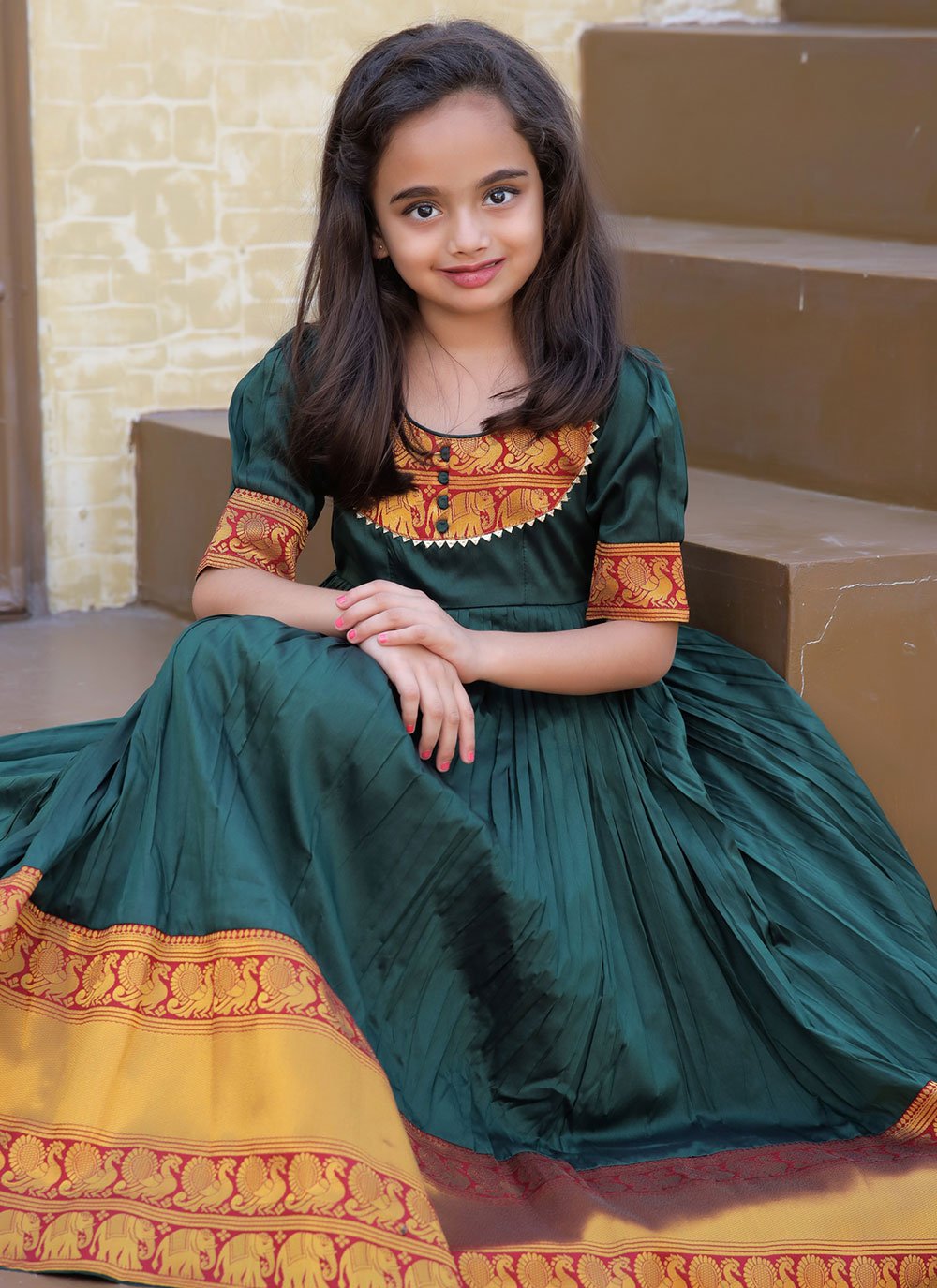 Gown Silk Green Jacquard Work Kids