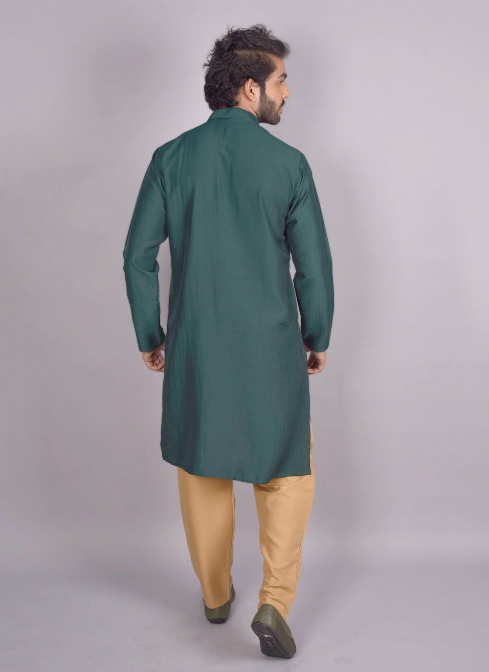 Kurta Pyjama Chinon Silk Green Plain Mens